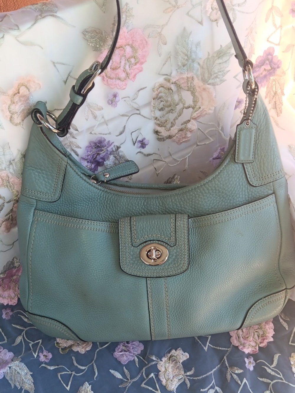Coach Penelope Light Blue Leather Hobo Shoulder Bag with Turn-Lock Closure